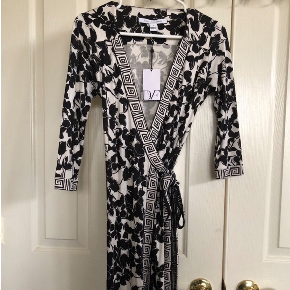 DVF black and white wrap dress w/ geometric trim